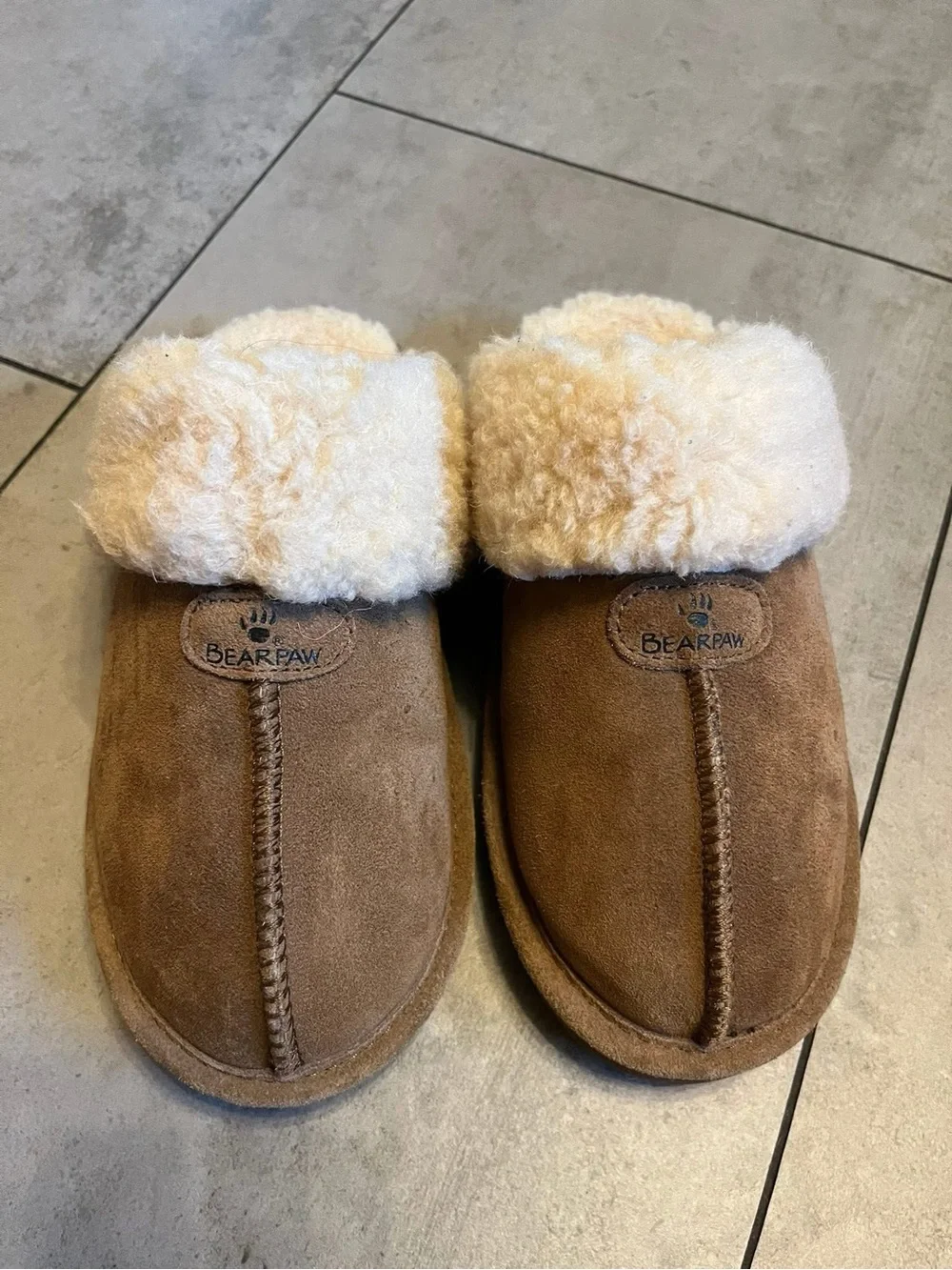 BearPaw Kids Brown Suede Slipper Clogs with Cream Shearling